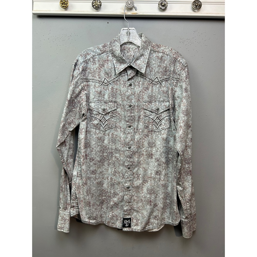 Rock 47 Wrangler Western Shirt Mens Medium Grey Maroon Paisley Pearl Snap